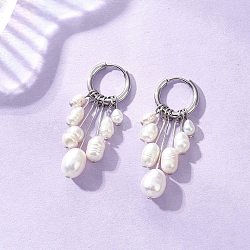 Rice Natural Pearl Hoop Earrings, with 304 Stainless Steel Findings, Stainless Steel Color, 40x14mm(EJEW-JE06933-02)