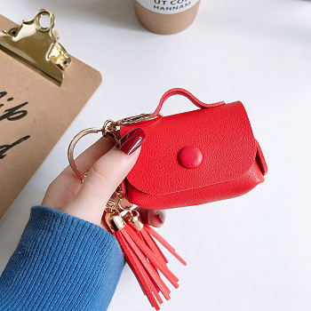 Imitation Leather Wireless Earbud Carrying Case, Earphone Storage Pouch, with Keychain & Tassel, with Hole, Handbag Shape, Red, 128mm