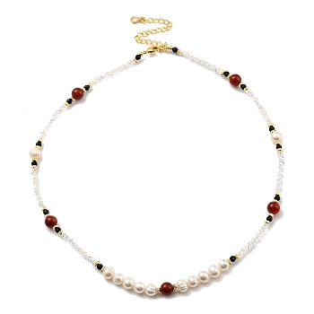 Natural Pearl & Natural Gemstone Beaded Necklaces, 14K Gold Plated Brass Jewelry for Women, Seashell Color, 15.87 inch(40.3cm)