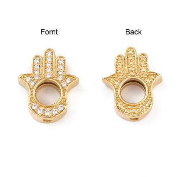 Long-Lasting Plated Brass Micro Pave Grade AAA Cubic Zirconia Bead Frame, Hamsa Hand/Hand of Fatima/Hand of Miriam, Cadmium Free & Nickel Free & Lead Free, Real 18K Gold Plated, 15x13x4mm, Hole: 1mm, 5mm inner diameter