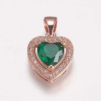 Brass Micro Pave Cubic Zirconia Charms, Heart, Green, Rose Gold, 14x12x5mm, Hole: 3x5mm