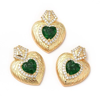 Rack Plating Brass & Rhinestone Pendants, with Crushed Ice Cut Cubic Zirconia, Heart Charm, Real 14K Gold Plated, Cadmium Free & Lead Free, Dark Green, 30x24x9mm, Hole: 9x3mm