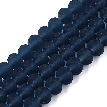 Transparent Glass Beads Strands, Faceted, Frosted, Rondelle, Marine Blue, 8mm, Hole: 1mm, about 64~65pcs/strand, 40~41cm