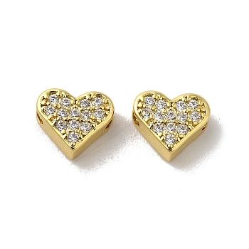 Brass Micro Pave Cubic Zirconia Beads, Lead Free & Cadmium Free, Long-Lasting Plated, Heart, Real 18K Gold Plated, 6x7x3mm, Hole: 1.4mm