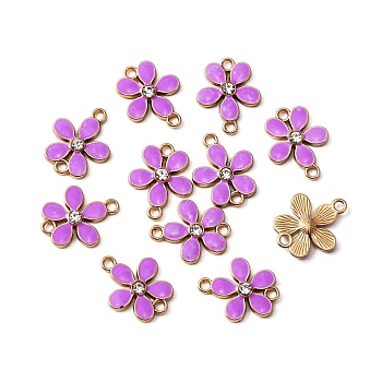 Zinc Alloy Enamel Links Connectors, with Crystal Rhinestones, Golden, Flower, Medium Orchid, 15.5x19.5x3mm, Hole: 2mm