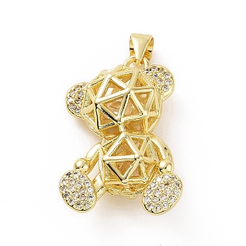Brass Micro Pave Cubic Zirconia Pendants, 3D Origami Bear Charm, Golden, Clear, 32x18x10mm, Hole: 5x4mm
