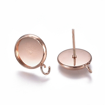 304 Stainless Steel Stud Earring Settings, with Loop, Flat Round, Rose Gold, Tray: 10mm, 13.5mm, Hole: 2mm, Pin: 0.7mm