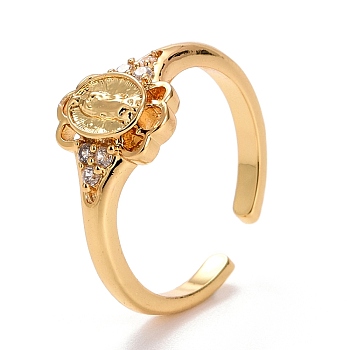 Flower with Virgin Mary Cubic Zirconia Cuff Ring, Real 18K Gold Plated Brass Open Ring for Women, Lead Free & Cadmium Free, Clear, US Size 6 1/2(16.9mm)