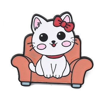 Cat Sitting in Sofa Enamel Brooches, Black Alloy Lapel Pin Backs for Backpack Clothes, White, 30x32mm
