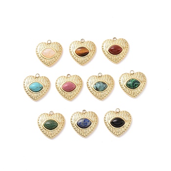 Natural & Synthetic Gemstone Mixed Gemstone Pendants, with Ion Plating(IP) Real 18K Gold Plated 304 Stainless Steel Findings, Heart Charm, 19x18.5x6.5mm, Hole: 2mm