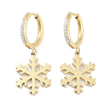 Christmas Snowflake 304 Stainless Steel Dangle Earrings, Rhinestone Hoop Earrings for Women, Real 18K Gold Plated, 34x17mm