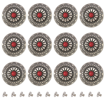 12 Sets Alloy & Turquoise Craft Solid Screw Rivet, with Iron Findings, Flat Round with Flower Pattern, for DIY Luggage and Hardware Accessaries, Red, 30x8.5mm, Hole: 2.5mm, 12 sets/box