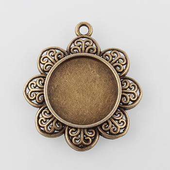 Vintage Flower Alloy Pendant Cabochon Settings, Cadmium Free & Nickel Free & Lead Free, Antique Bronze, Tray: 20mm, 39.5x35x3mm, Hole: 2mm, about 150pcs/kg