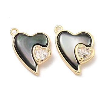 Natural Black Lip Shell Pendants, Brass Pave Clear Glass Heart Charms, Real 18K Gold Plated, 16.5x12x5mm, Hole: 1.2mm