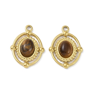 Natural Tiger Eye Pendants, Ion Plating(IP) 304 Stainless Steel Oval Charms, Real 18K Gold Plated, 21x16x5mm, Hole: 1.8mm