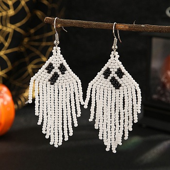 White Ghost Pattern Glass Bead Tassel Earrings for Women, Platinum, 75x29mm