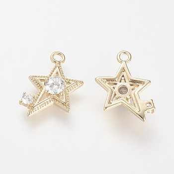 Brass Micro Pave Cubic Zirconia Pendants, Real 18K Gold Plated, Star, 15.5x10x3mm, Hole: 1.5mm