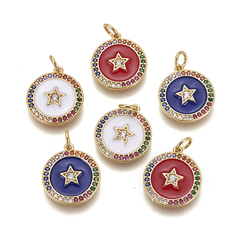 Brass Enamel Pentacle Pendants, with Cubic Zirconia, Flat Round with Star, Golden, Mixed Color, 16x15x2mm, Hole: 3mm