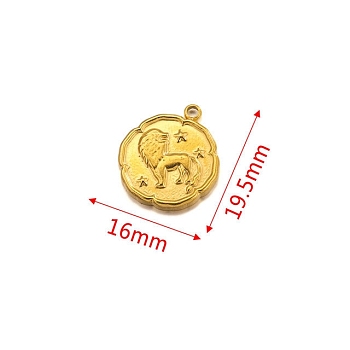 Stainless Steel Pendant, Golden, Flat Round with Constellation Charm, Leo, 19.5x16mm
