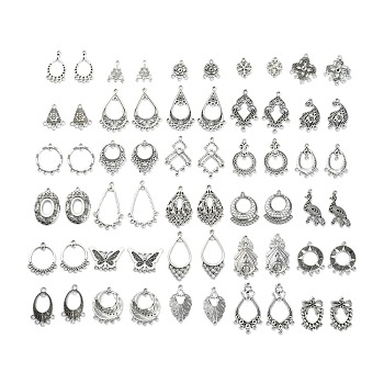 Tibetan Style Alloy Chandelier Component Links & Connector Rhinestone Settings, Mixed Shapes, Antique Silver, 20~45.5x15~32x1~4mm, hole: 1~3mm, 60pcs/set