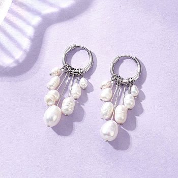 Rice Natural Pearl Hoop Earrings, with 304 Stainless Steel Findings, Stainless Steel Color, 40x14mm