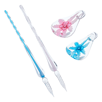 2 Colors Glass Writing Dip Pen and 2 Colors Teardrop Glass Writing Dip Pen Holder Set, Mixed Color, 19.1x1.25x1.25cm, 5.2x2.85x1.2cm