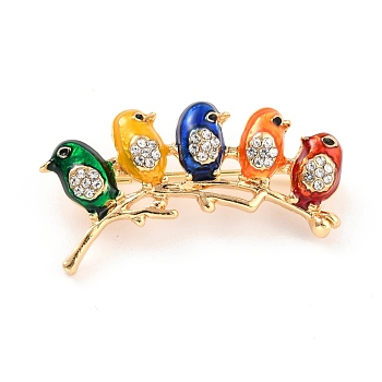 Birds with Branch Alloy Rhinestone Brooch, Exquisite Lapel Pin for Girl Women, Golden, Colorful, 20x37.5x4mm, Pin: 0.8mm
