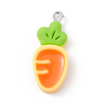 Opaque Resin Pendants, Vegetables Charms, with Platinum Tone Iron Loops, Carrot, Vegetables, 31x12.5x5.5mm, Hole: 2mm