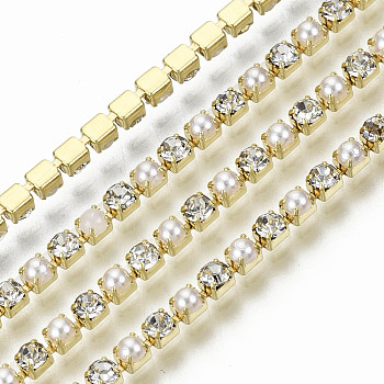 Brass Rhinestone Strass Chains, with ABS Plastic Imitation Pearl, Rhinestone Cup Chains, with Spool, Crystal, Golden, SS6.5(2~2.1mm), 2~2.1mm, about 10yards/roll(9.14m/roll)