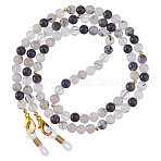 Natural Black Rutilated Quartz Round Beads Eyeglasses Chains, with Lobster Claw Clasps and Rubber Loops Ends, Golden, 700mm(HJEW-FH00253)
