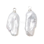 Natural Baroque Keshi Pearl Pendants, Nuggets Charms with Brass Cup Pearl Peg Bails, White, Silver, 22.5x9~9.5x5~5.5mm, Hole: 1.6mm(PALLOY-JF05055)
