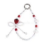 Glass Mobile Straps, with Acrylic & Plastic Beads, Bowknot & Strawberry, with Spring Gate Rings, Platinum, FireBrick, 145~155mm(HJEW-SZ0001-57-01)