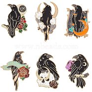 6Pcs 6 Style Flower & Skull & Moon with Crow Enamel Pins, Golden Alloy Brooches for Backpack Clothes, Mixed Color, 30~36x19~25mm, 1Pc/style(JEWB-SC0001-23)