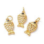 Brass Micro Pave Clear Cubic Zirconia Pendants, Long-Lasting Plated, Lead and Cadmium Free, Fish, Golden, 16x8x2.5mm, Hole: 3.2mm(ZIRC-M118-04G-RS)
