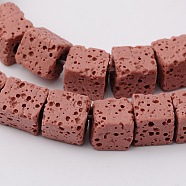 Natural Lava Rock Beads Strands, Cube, Dyed, Pink, 6.5x6.5x6.5mm, about 60pcs/strand, 15.60''(39.63cm)(G-L435-01-6mm-19)