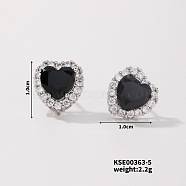 Chic Heart-shaped Stud Earrings with Delicate Diamonds, Platinum, Black Diamond AB, 10x10mm(UG6392-5)