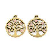 Ion Plating(IP) 316L Surgical Stainless Steel Pendants, with Enamel, Real 18K Gold Plated, Tree of Life Charm, Pink, 17x15x1.5mm, Hole: 1.7mm(STAS-K280-02G-04)