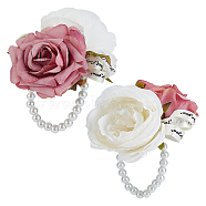 CRASPIRE 2Pcs Silk Wrist, with Plastic Imitation Flower and Imitation Pearl Stretch Bracelets, for Wedding, Party Decorations, Plum, 103x93mm, 2pcs/bag(AJEW-CP0004-67)
