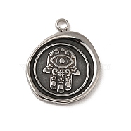 304 Stainless Steel Pendants, Flat Round with Hamsa Hand Pattern Charm, Antique Silver, 18x15x1.5mm, Hole: 1.8mm(STAS-L022-311AS)
