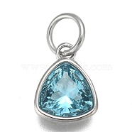 304 Stainless Steel Cubic Zirconia Pendant, Triangle, Stainless Steel Color, Dark Turquoise, 12.5x9.5x5mm, Hole: 5mm(ZIRC-P080-B03)