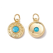 Rack Plating Brass Micro Pave Deep Sky Blue Cubic Zirconia Pendants, with Jump Ring, Cadmium Free & Nickel Free & Lead Free, Flat Round, Real 18K Gold Plated, 13x10.5x3mm,Jump Ring: 5x0.6mm, Inner Diameter: 3.7mm(ZIRC-C040-28G)