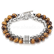 Natural Tiger Eye Beaded Double Layer Multi-strand Bracelets, with Iron Chains, 7-7/8 inch(20cm)(PW-WG56874-05)