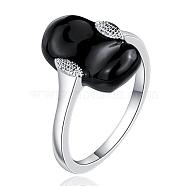 Fashionable Brass Enamel Finger Rings, Black, Silver, Size 7, 17.3mm(RJEW-BB07436-7)