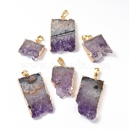 Natural Dyed Amethyst Pendants, Plating Edge, with Brass Findings, Rectangle, Golden, 20~45x20~23x5~6mm, Hole: 8x5mm(G-I251-11G)