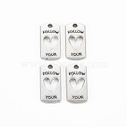 Tibetan Style Alloy Pendants, Cadmium Free & Lead Free, Rectangle with Heart & Word Follow Your, Antique Silver, 20x10x2mm, Hole: 1.8mm, about 745pcs/1000g(TIBE-S320-185AS)