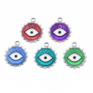 304 Stainless Steel Pendants, with Enamel, Flat Round with Eye, Stainless Steel Color, Mixed Color, 21x18x1.5mm, Hole: 2mm(STAS-S080-047P-NR)