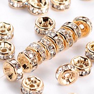 Brass Rhinestone Spacer Beads, Grade AAA, Straight Flange, Nickel Free, Light Gold Metal Color, Rondelle, Crystal, 4x2mm, Hole: 1mm(X-RB-A014-Z4mm-01LG-NF)