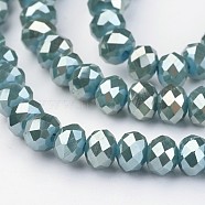 Electroplate Glass Beads Strands,  Full Rainbow Plated, Faceted Rondelle, Dark Turquoise, 6x4mm, Hole: 1mm, about 100pcs/strand, 15.7 inch(EGLA-P018-6mm-FR-C02)