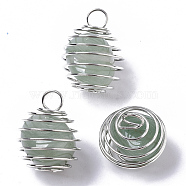 Iron Wrap-around Spiral Bead Cage Pendants, with Natural Green Aventurine Beads inside, Round, Platinum, 21x24~26mm, Hole: 5mm(IFIN-R239-09P)