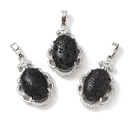 Natural Lava Rock Oval Pendants, Platinum Tone Brass Micro Pave Clear Cubic Zirconia Flower Charms, Long-Lasting Plated, Lead Free & Cadmium Free, 30x19x10mm, Hole: 7.8x5mm(G-NH0025-15P-16)